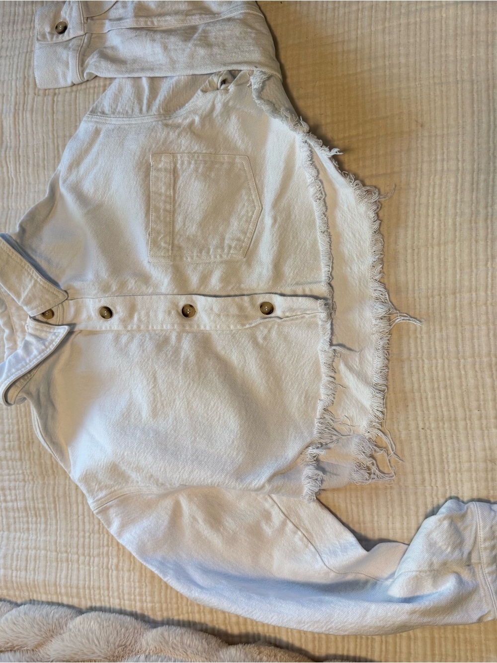 Frayed Hem White Denim Jacket with Button Front